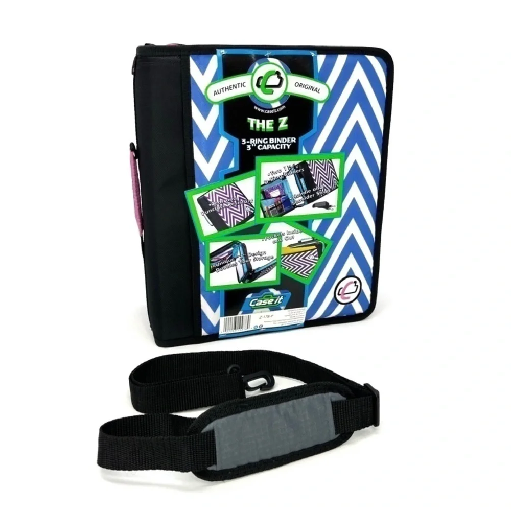 Case-It “The Z” Dual Three Ring Zip Binder Blue & White Chevron Handle Strap NWT